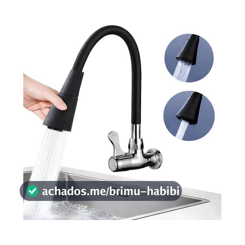 Torneira Gourmet Para Cozinha 2 Jatos Bica Móvel Parede Preta Flexível Jato Cone