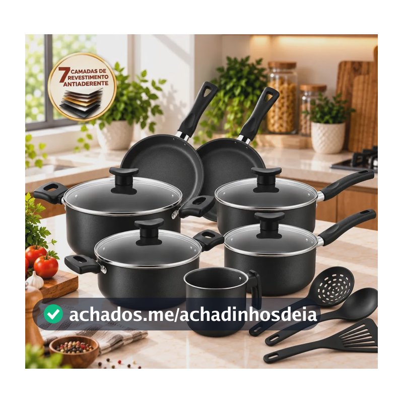 Jogo de Panelas Antiaderente 7 Camadas 10 Peças Kit Cozinha Casa Nova com Tampas de Vidro, Caçarolas, Frigideiras Fundas, Fervedor Leiteira e Utensílios Conjunto Compacto Dia a Dia Preto