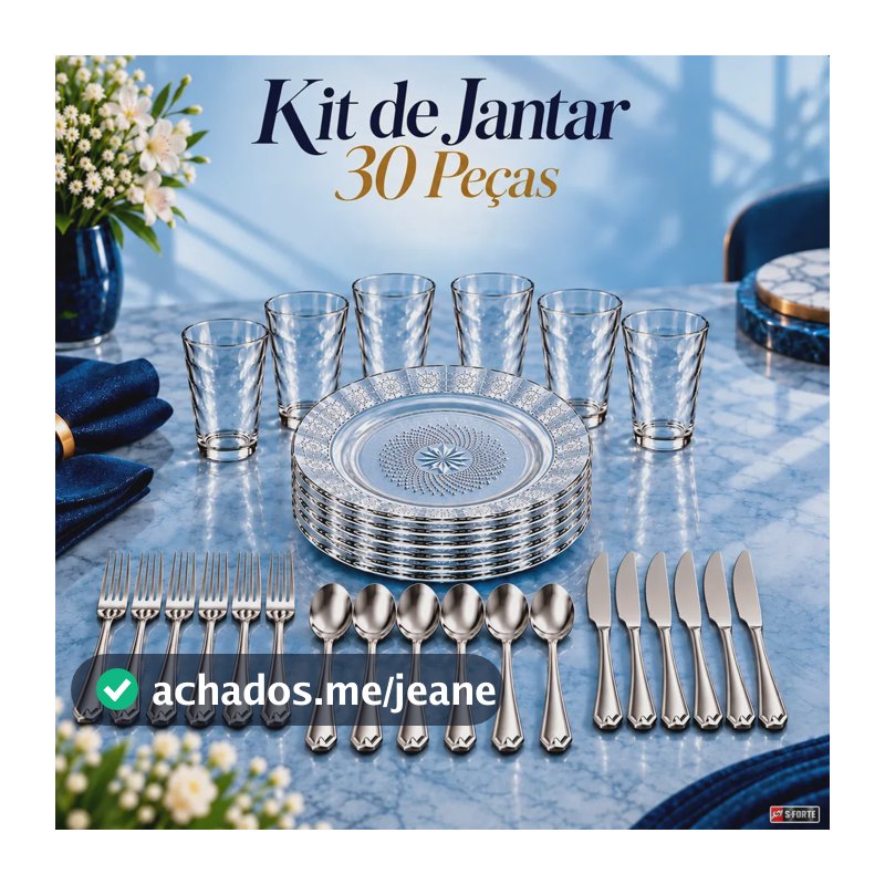 Jogo de Jantar Sforte 30 Peças com Pratos e Copos de Vidro e Talheres de Inox