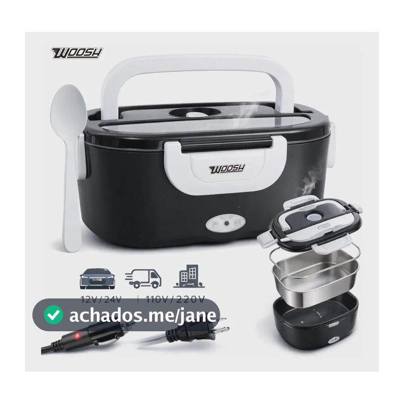 Marmita Elétrica Preta Bivolt Portátil Doméstica 110/220v Veicular 12/24v Lancheira 1.5l Com Divisórias Esquenta Rápido Refeições Práticas Trabalho Casa Carro Caminhão Viagem Faculdade Woosh