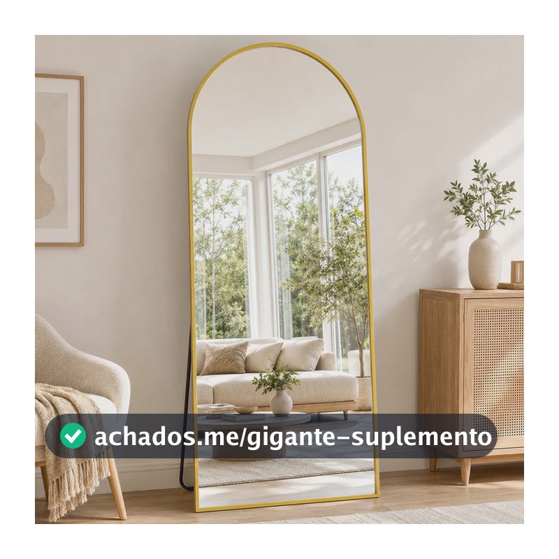 Espelho Chão Corpo Inteiro Grande Arco 19386cm Com Suporte Dourado
