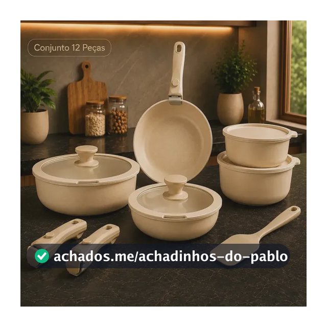 Conjunto De Panelas Kit 12 Peças Premium Revestimento Cerâmica Antiaderente com Cabos Removiveis Induçao Chama Gas Eletrico Forno Cor Bege