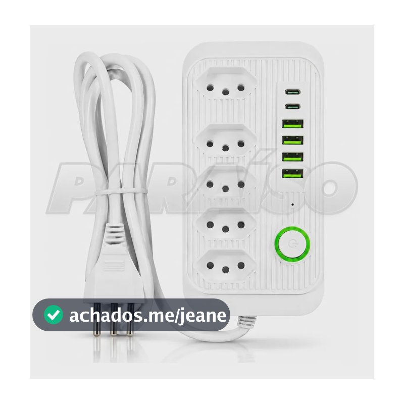Extensão Paraíso Elétrica com 5 Tomadas, 4 USB e 2 Tipo C, Cabo de 2m