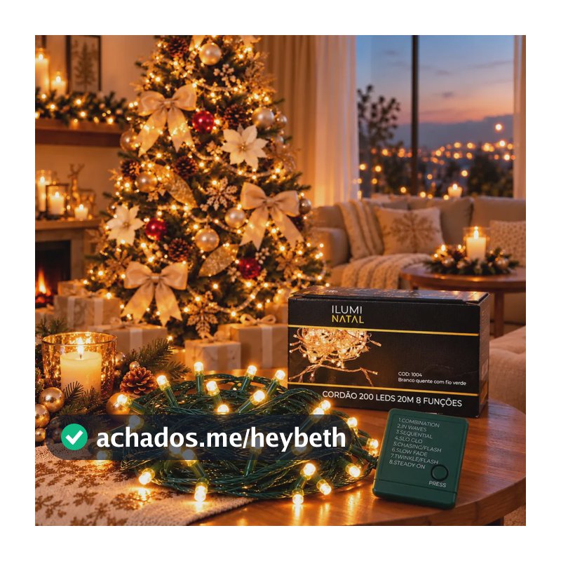 Cordão Pisca Pisca Lph 20 Metros 200 Leds Fio Verde Escuro 8 Funções Cordão de Luzes Para Árvore de Natal Luz Decoração Interna Sala Quarto Mesa de Jantar Natalina Cor Das Luzes Branco Quente 110