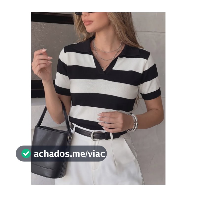 Blusa Gola Polo Listrada Feminina Tricot Modal Moda Inverno Preto/branco Listrada Único