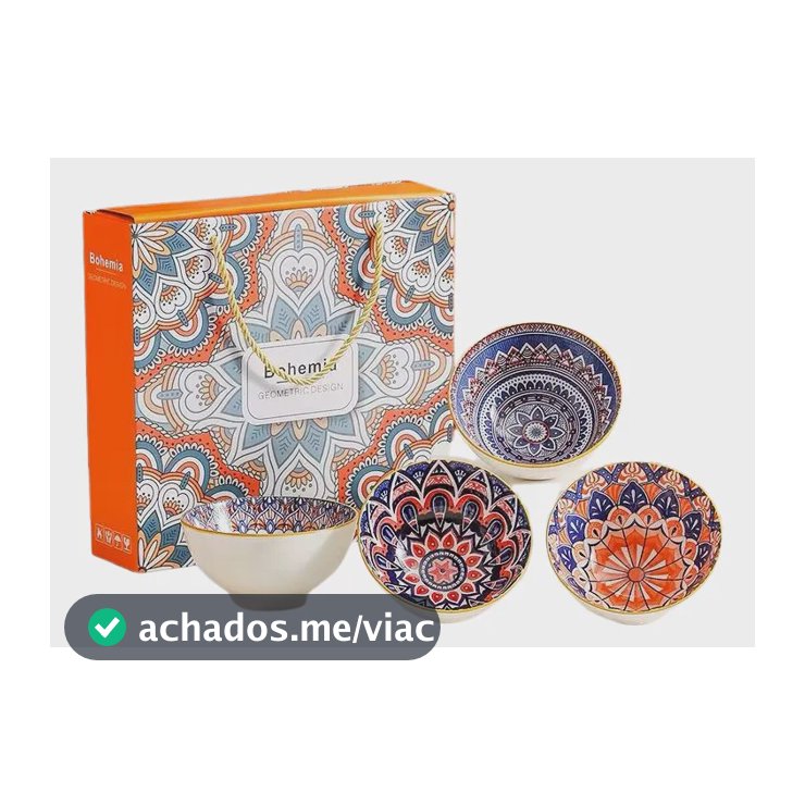 Kit 4 Bowls Cumbuca Porcelana Mandala Decorada 280ml Sushi Azul