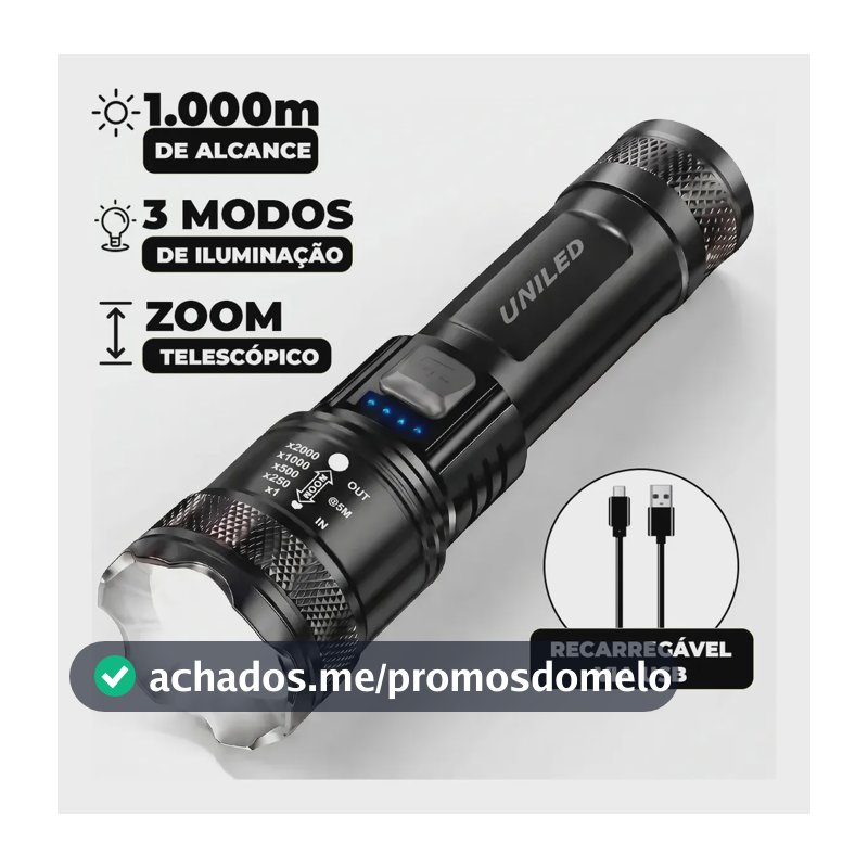 Lanterna Militar Tatica LED Mais Forte do Mundo 1000m Potente Zoom Telescópico Alto Brilho Resistente Agua Sitio Fazenda UNILED