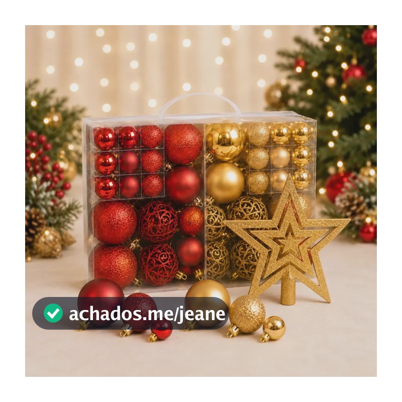Kit Maleta 50 Bolas Pendentes + Estrela Ponteira Para Árvore De Natal Decoração Natalina Premium - Vermelho c/ Dourado