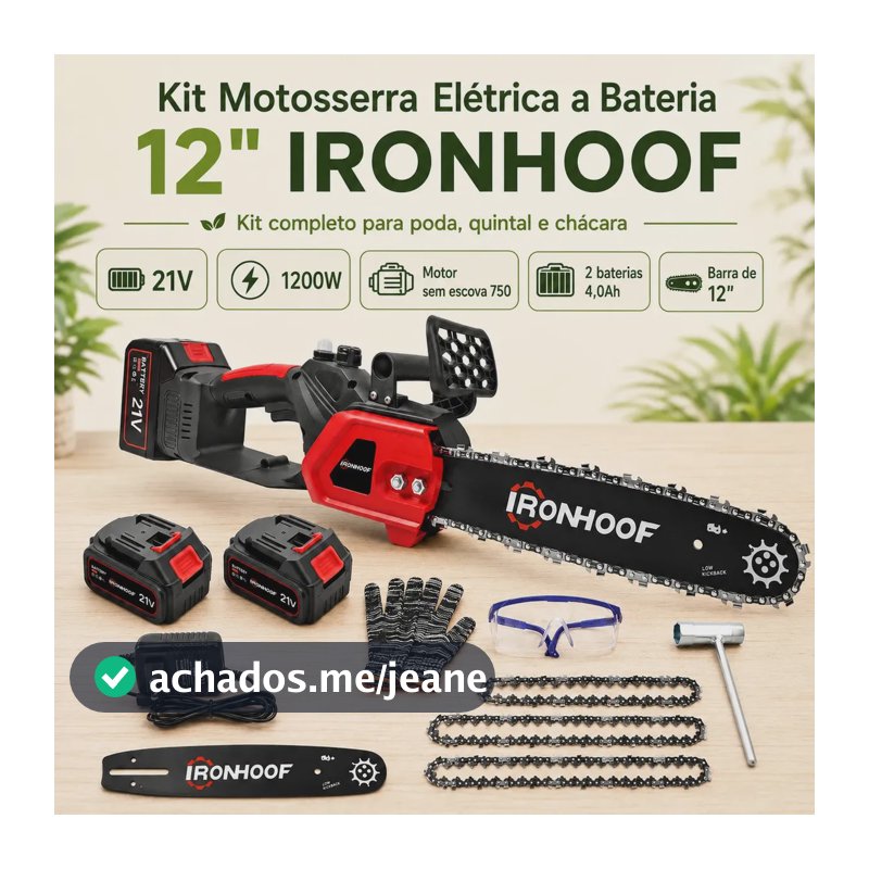 Motosserra a Bateria Ironhoof Profissional 21V com 2 Baterias e Corrente de 12"