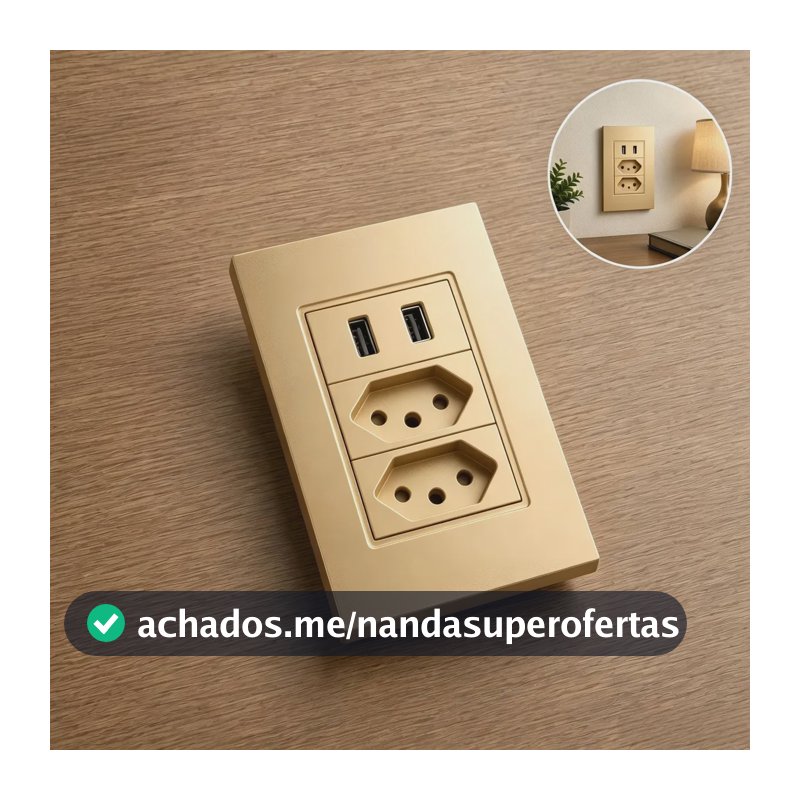 Tomada Dupla Usb Eletro Mex Espelho Parede Universal Duas portas USB 4x2 ABS 10A Embutir Dourado