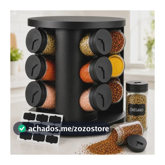Porta Temperos Condimentos 9 Unidades Potes Vidro Base Giratória Preto Organizador Cozinha Dosador Sólar