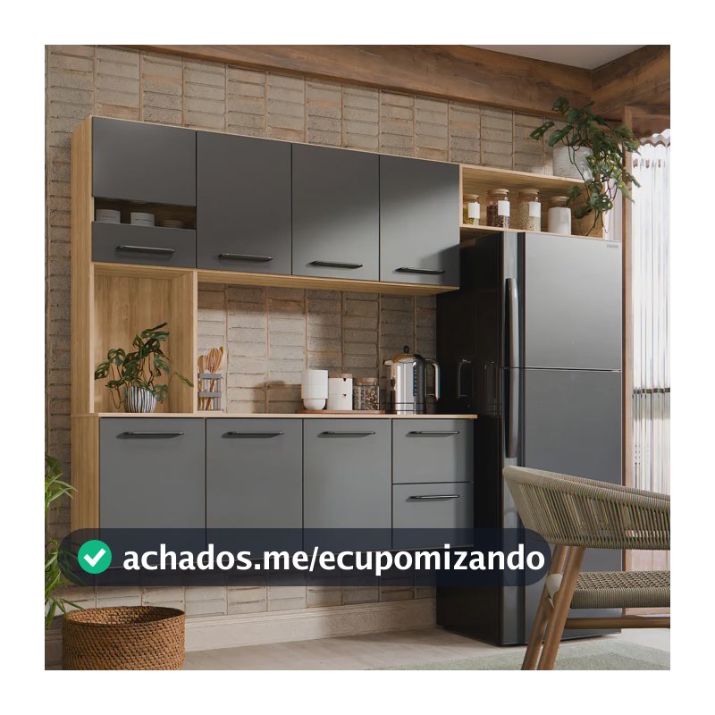 Armário de Cozinha Completo 180cm com Aéreo 7 Portas e Gavetas com Nichos Moderna Planejada Suspenso Cinza Grafite Carvalho Nature