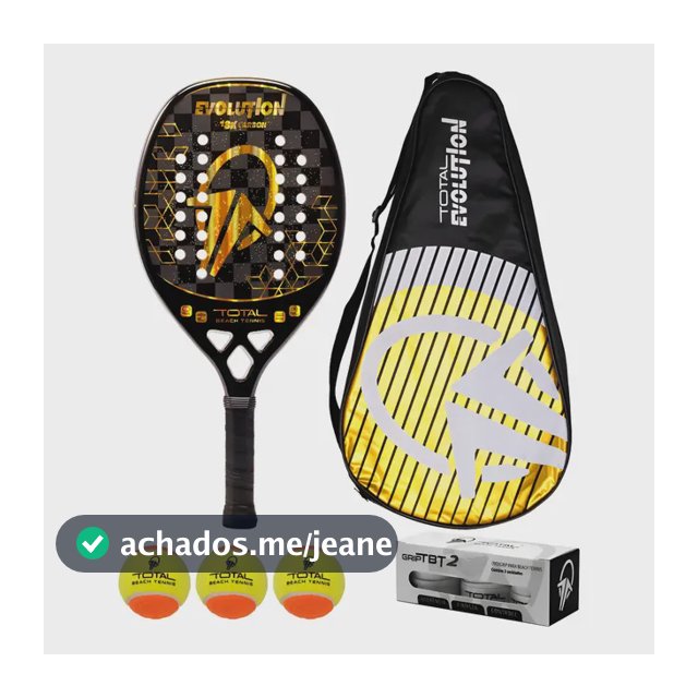 Kit Raquete Beach Tennis Material Carbono 18k Total Evolution Cor Dourado + Capa + 3 Bolas + 3 Grips + Fita Protetora | Leve e Equilibrada