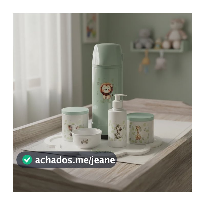 Kit Higiene Bebê Porcelana Safari Garrafa Verde Nuven Branca Nome Verde