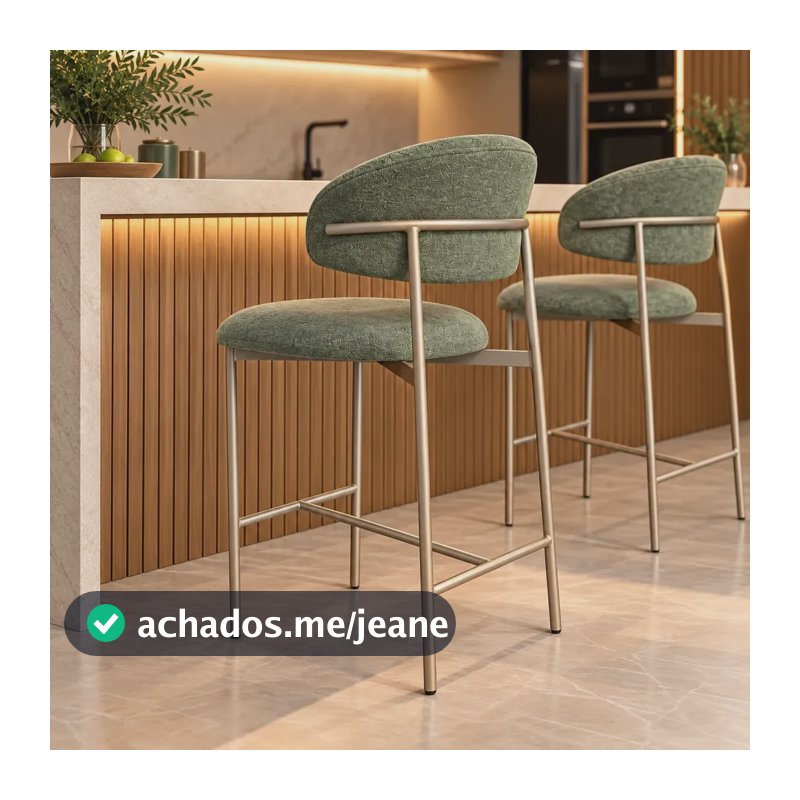 Banqueta Estofada Linho Verde E Cru  Estrutura Dourada Pintura Eletrostática Linho Verde