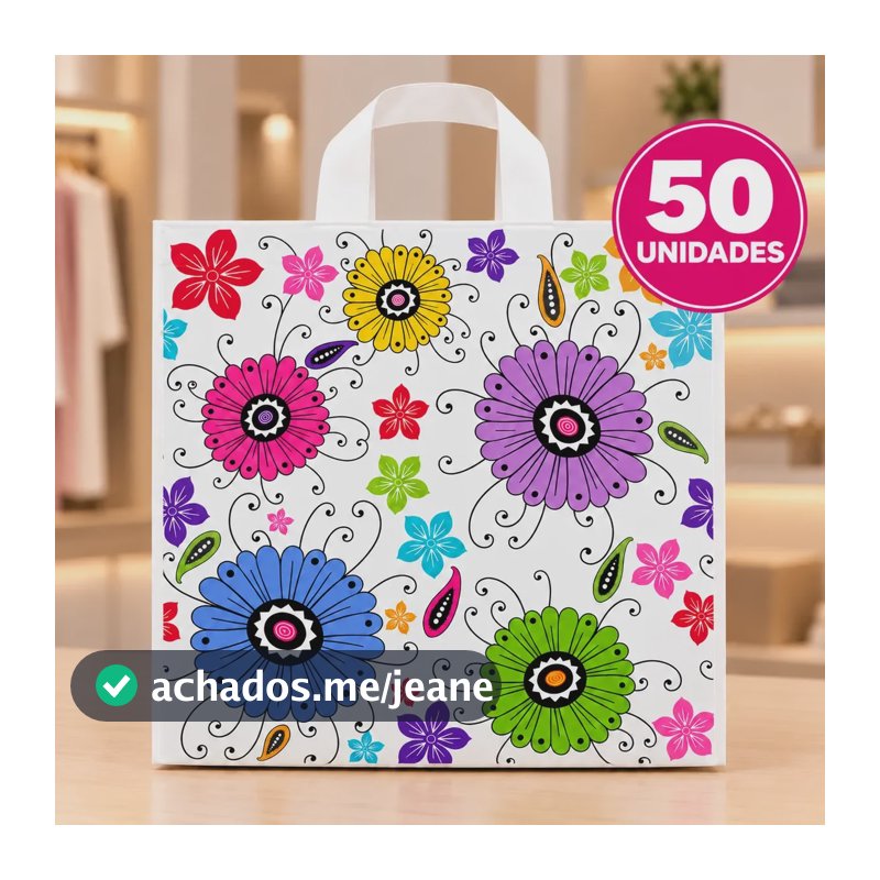 Kit 50 Sacola Alça Fita 40x40 Floral Personalizada Presente Colorida Floral Colorida