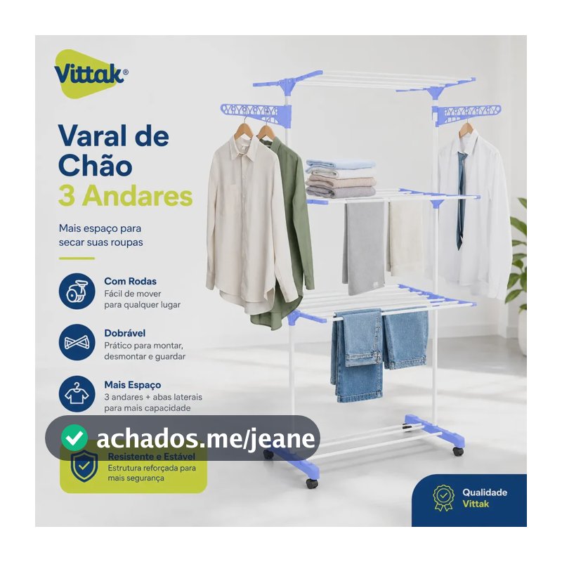 Viitak Varal de Chão Grande Vertical 3 Andares com Rodas Portátil para Secar Roupas Toalhas Lençóis Cor Azul