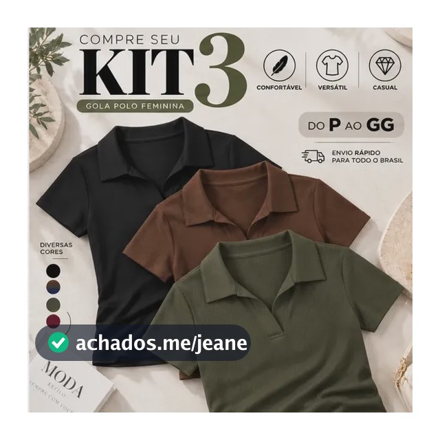 Kit 3 Blusa Feminina Gola Polo Canelada Básica Casual Lisa Preto, Marrom E Verde Liso P/m (36/42)