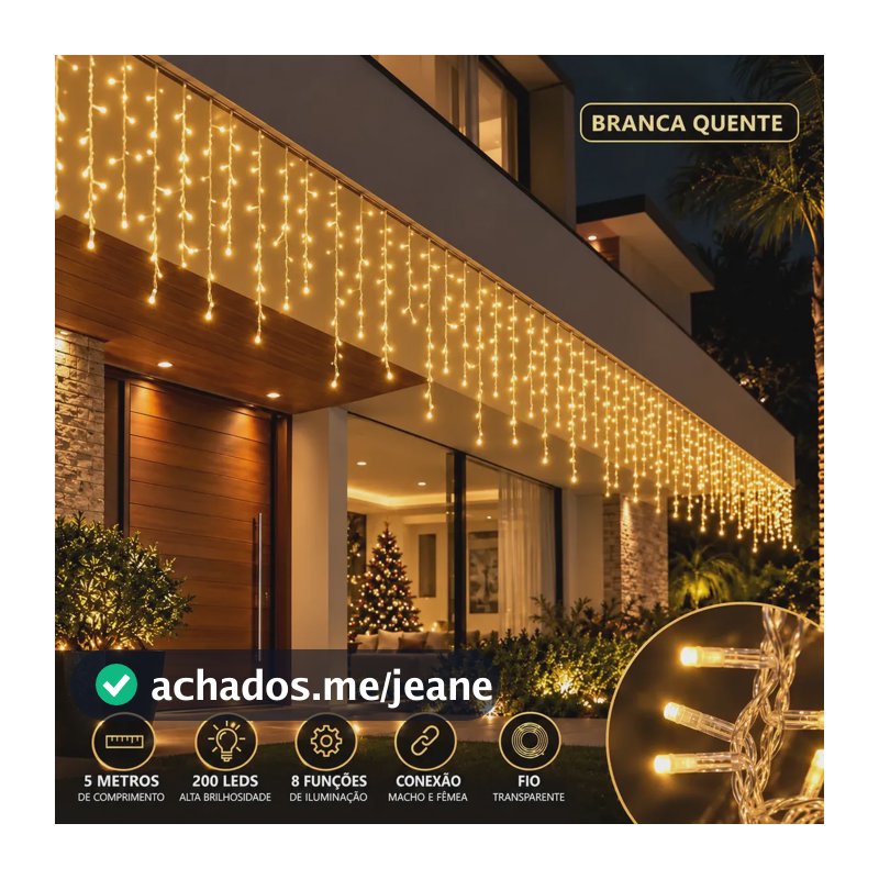 Cascata LED Natalina Branco Quente 5m com 200 Luzes e 8 Funções