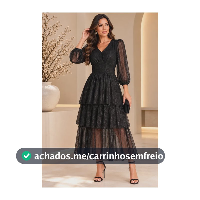 Vestido Midi Tule Brilho Manga Longa Festa Elegante Feminino Preto Listras Com Brilh Un