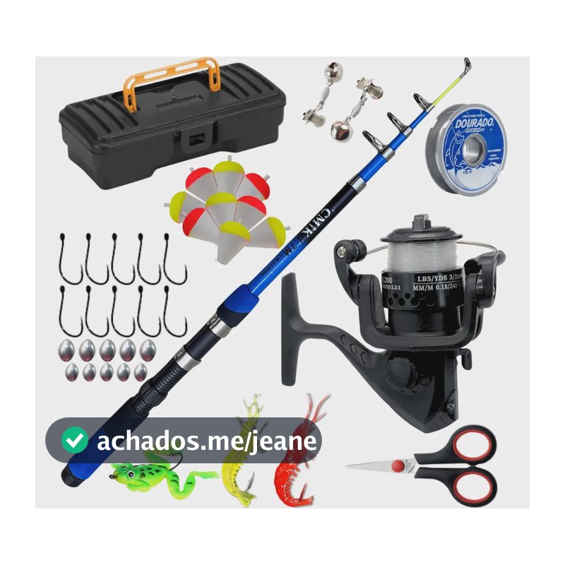 Kit Vara Pesca Telescopica Molinete Isca Artificial Traíra Vara Preta
