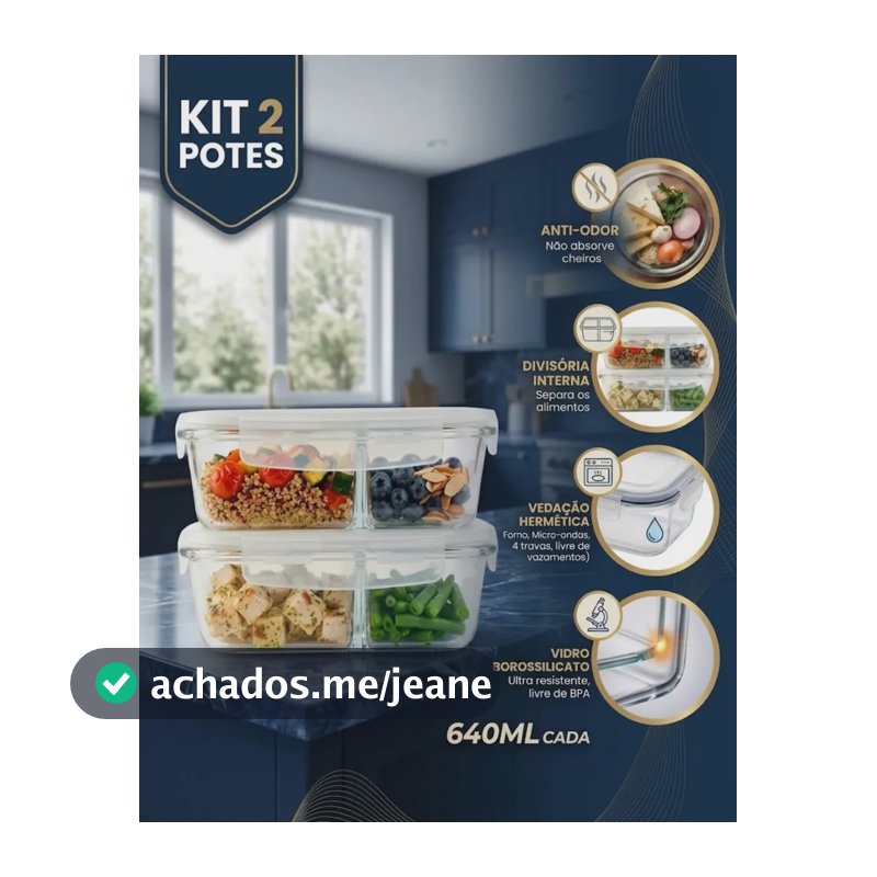 Kit 2 Potes de Vidro 640ml com Divisória Hermético Vedação Freezer Mantimentos Pítia