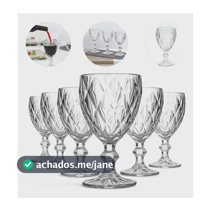 Kit 6un Taça Diamante Lapidada 340ml Para Vinho E Drink Transparente
