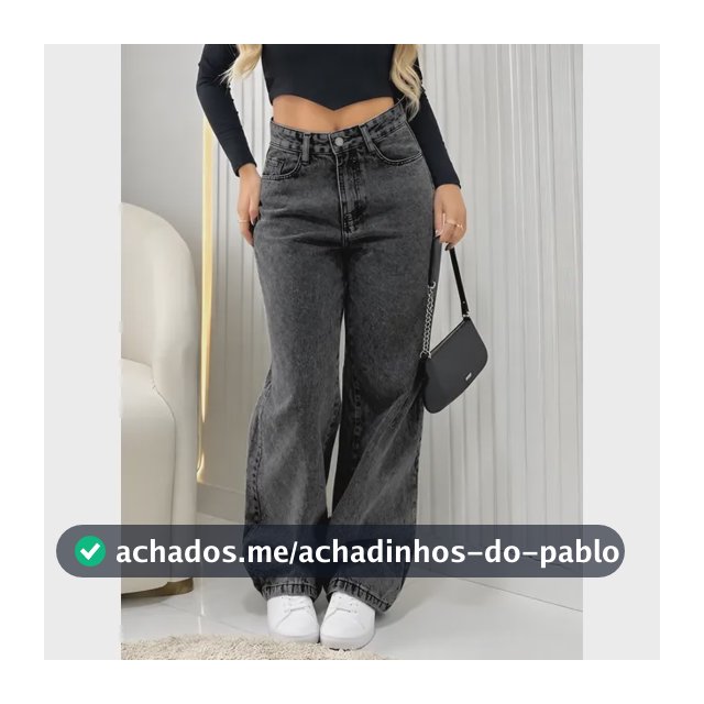 Calça Jeans Wide Leg Feminina Cintura Alta Pantalona Preto Black Marmo Liso 40