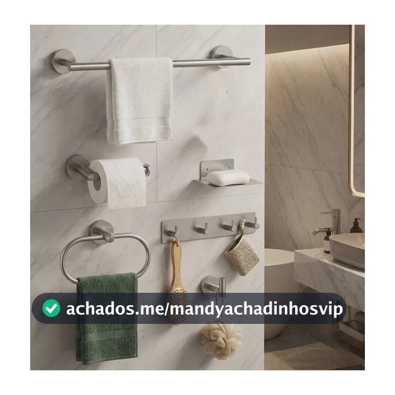 Kit Acessórios Banheiro Lavabo Inox 6peças Yesop Acabamento Prateado Escovado Suporte Para Toalhas Porta-Papel Higiênico Argolas Para Toalhas Saboneteira Ganchos