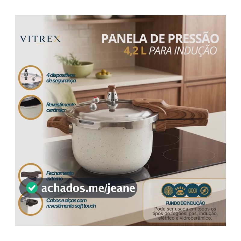 Panela de Pressão Vitrex Moncler 4.2 L Cerâmica e Indução com 4 Válvulas de Segurança