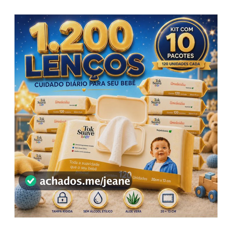 Kit 10 Pacotes Lenços Umedecidos Bebê 1200 Unidades, 120 Cada, Tampa Flip Top, Aloe Vera, Sem Álcool, Toalhas Umedecidas para Troca de Fraldas, Higiene Mãos Rosto e Corpo, Econômico - HONEY PLAY BOX