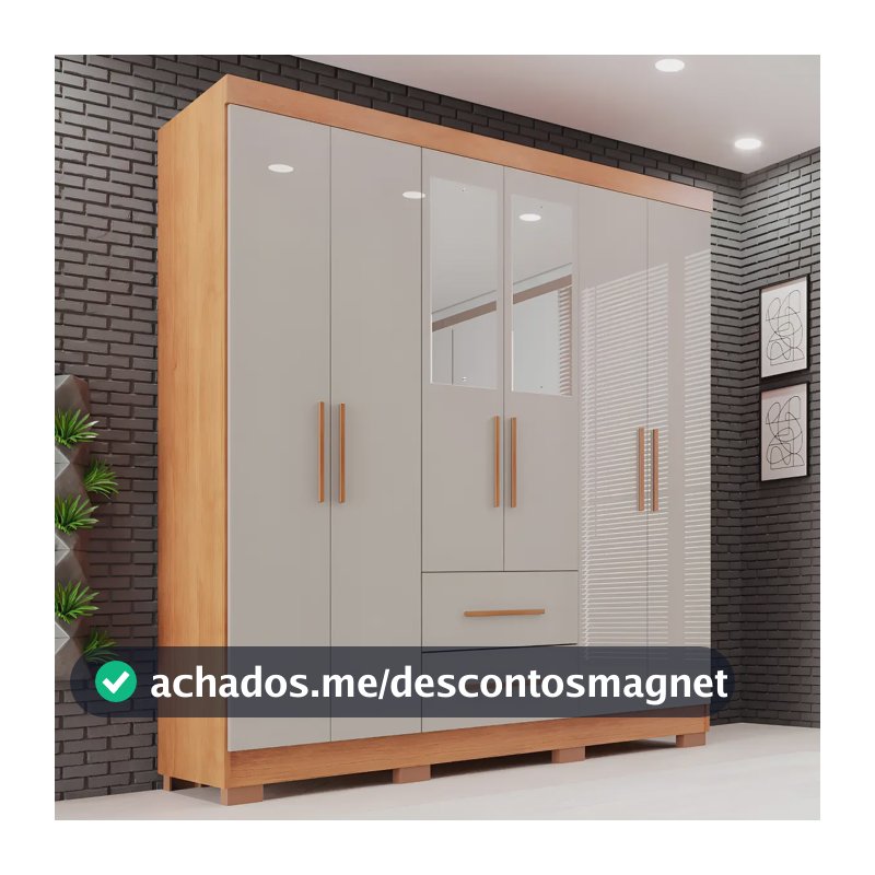 Guarda-roupa Casal com Espelho 6 Portas 2 Gavetas Sallêto Cinamomo/Off White