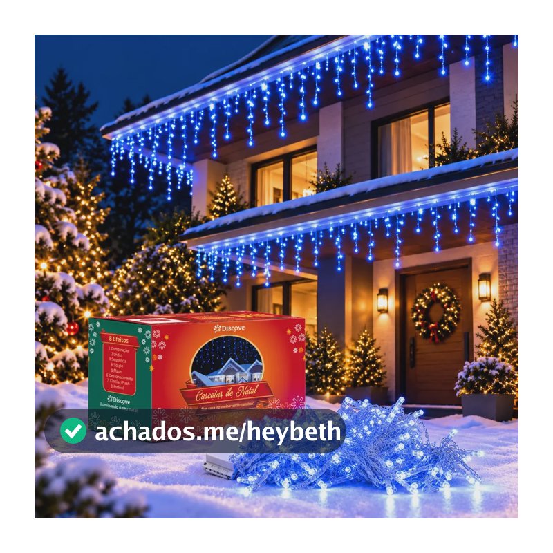 10m Cascata 400 Leds 8 Funções Luzes Natal Pisca Prova Dágua Azul 110v