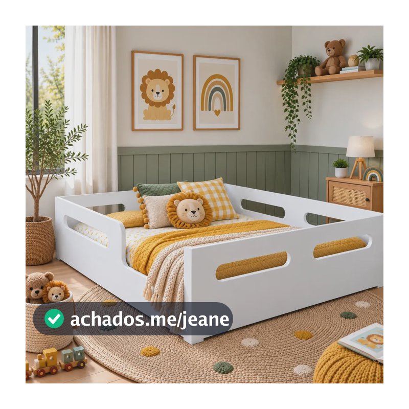Cama Casal Montessoriana Infantil Em Mdf C/ Proteção Lateral Branco Cama Montessori