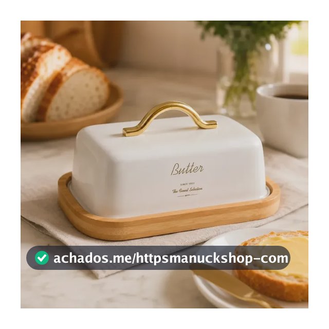 Manteigueira Metal Branca Alça Dourada Base Bambu Madeira Porta Manteija Bandeja Luxo Francesa Decorativa Cozinha Café Da Manhã