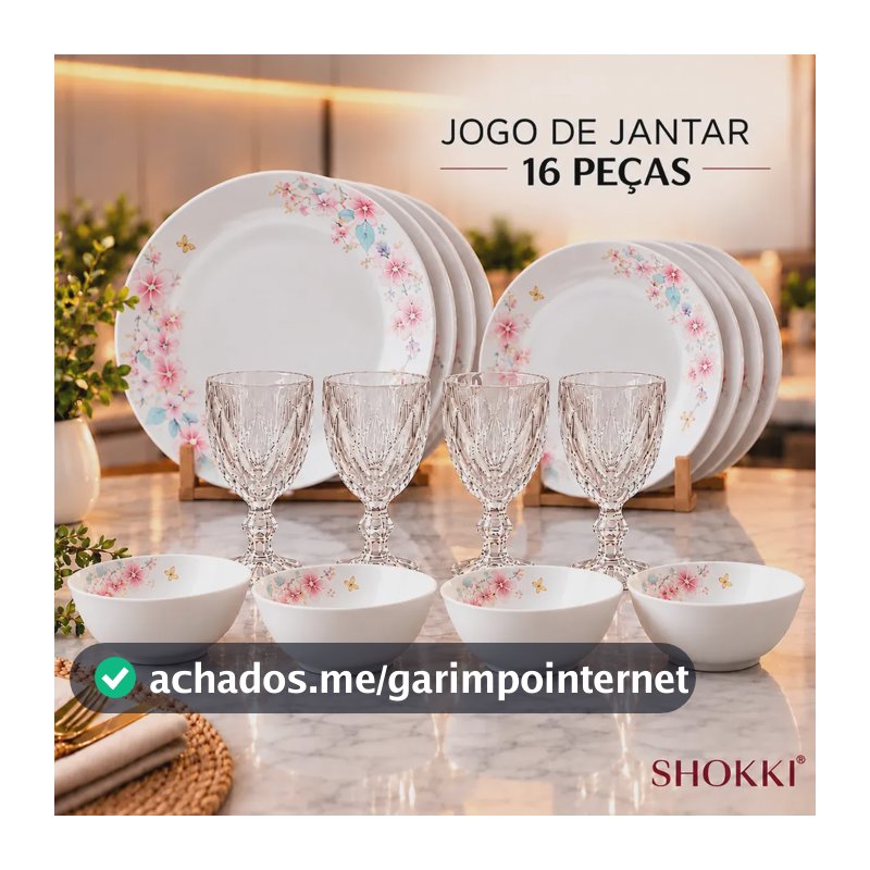 Jogo de Jantar SHOKKI com 16 Peças Flor de Cerejeira para 4 Pessoas, em Porcelana Branca