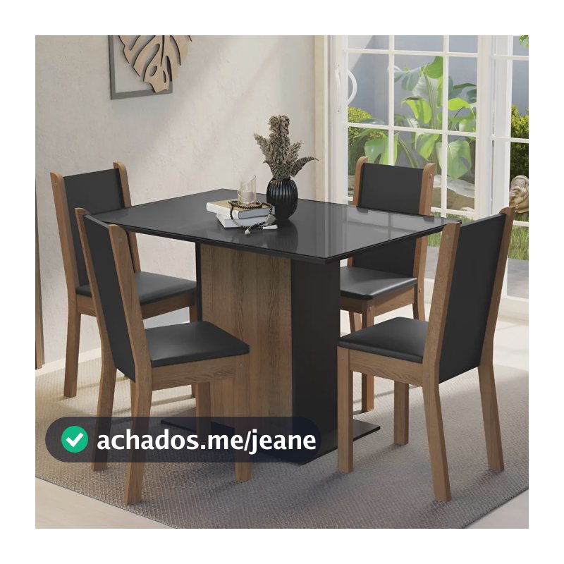 Conjunto Sala Jantar Mesa Tampo Vidro 4 Cadei Martina Madesa Cor Preto/Rustic Desenho do tecido das cadeiras Liso
