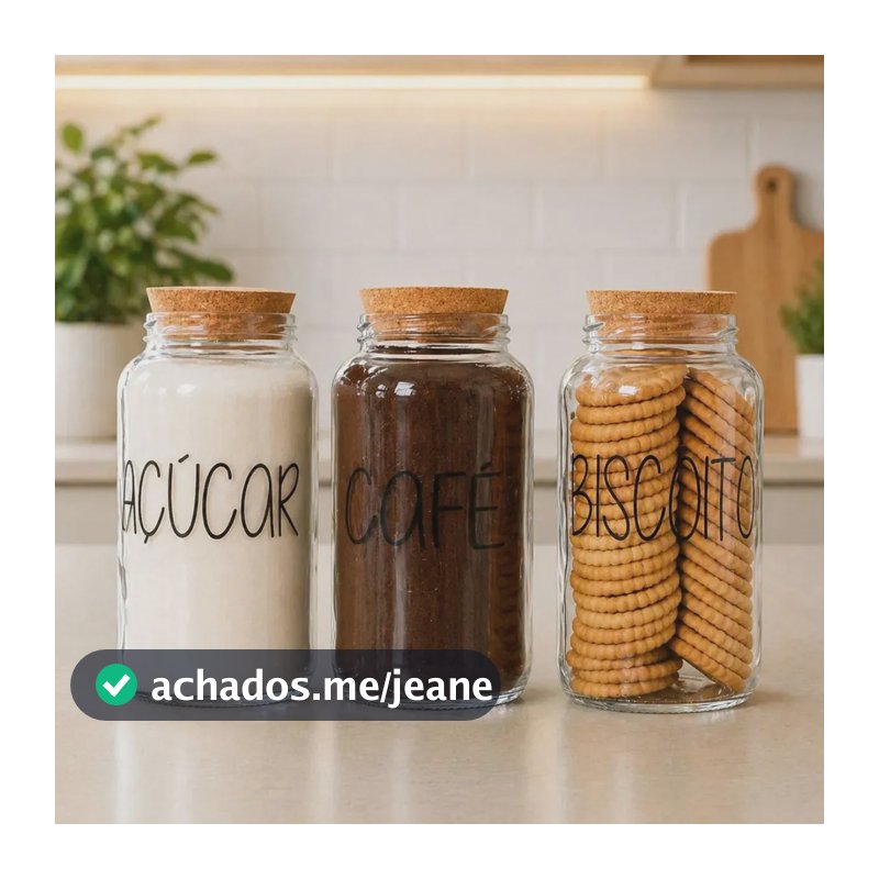 Kit 3 Potes De Vidro 810ml - Tampa De Rolha Cantinho Do Café Cor Café Açúcar Biscoito
