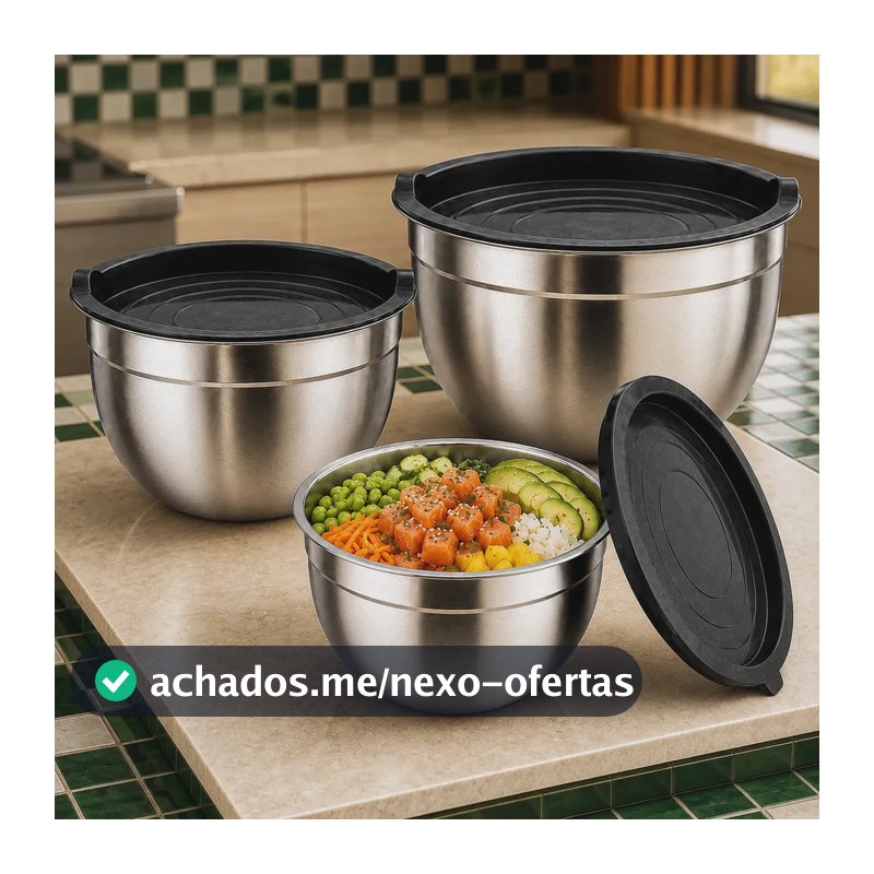 Kit 3 Bowls Inox Com Tampa Tigelas Potes Aço Inoxidável Cozinha Saladeira Recipientes Para Alimentos Preparo Armazenamento Organização Praticidade No Dia A Dia Prateado