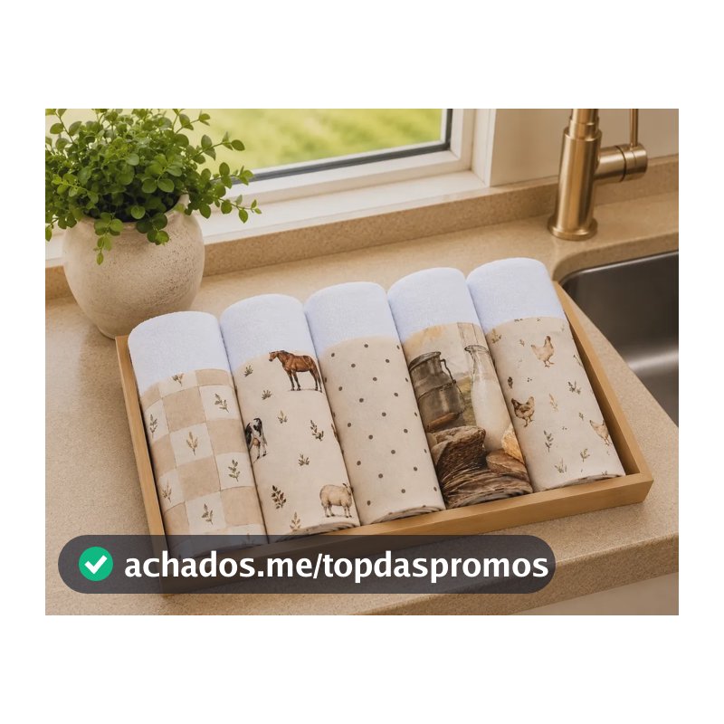 Kit 5 Panos De Prato 100% Algodão Com Saquinho Presenteável Única Vida No Campo
