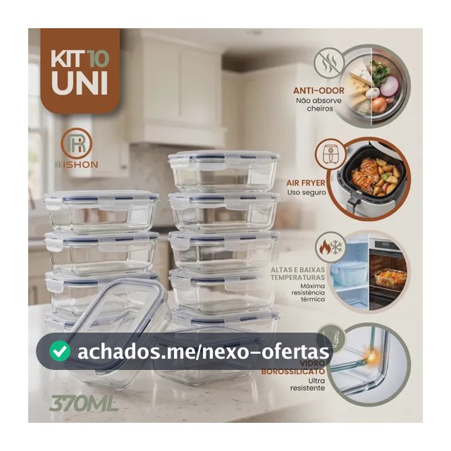 Kit 10 Pote De Vidro Marmita Hermético 370ml Freezer Fitness Rishon