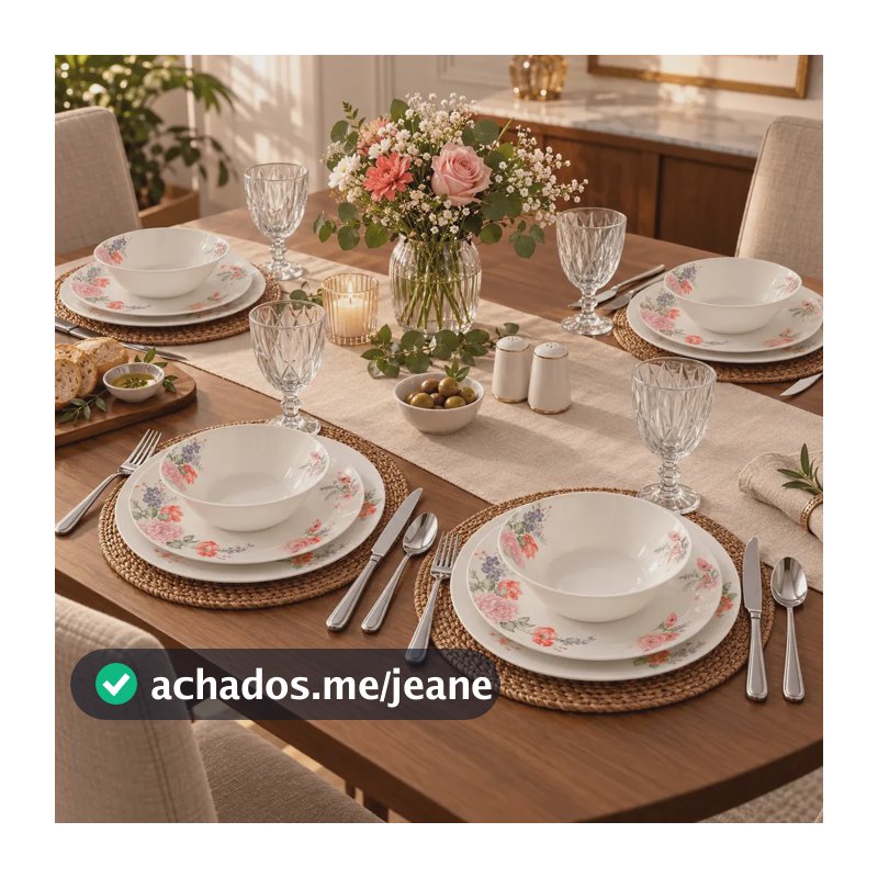 Aparelho De Jantar Nhame 28 Peças Opalina Talheres Inox Taça Branco Florido Rosa