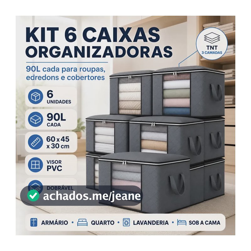 Kit 6 Caixas Organizadoras 90l Roupas E Edredons Com Tampa Cinza-escuro