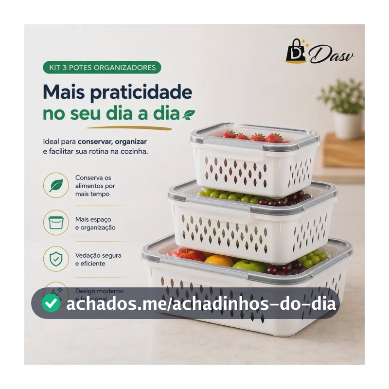 Conjunto Kit 3 Organizadores Geladeira Hermético Escorredor Cesto Alimentos Legumes Verduras Frutas Transparente Com Tampa Trava