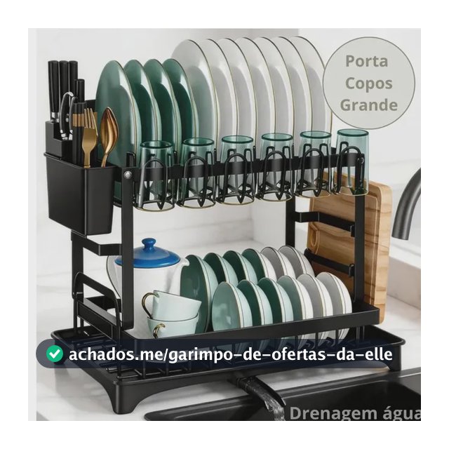 Escorredor de Louças 2 Andares Zelvi Aço Carbono Preto para Pratos Copos Talheres Organizador Pia Cozinha