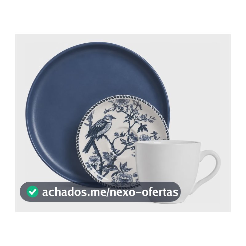 Jogo 3pçs Prato Xícara Chá 170ml Pires Rouxinol Porto Brasil Azul Escuro E Branco Boreal E Rouxinol