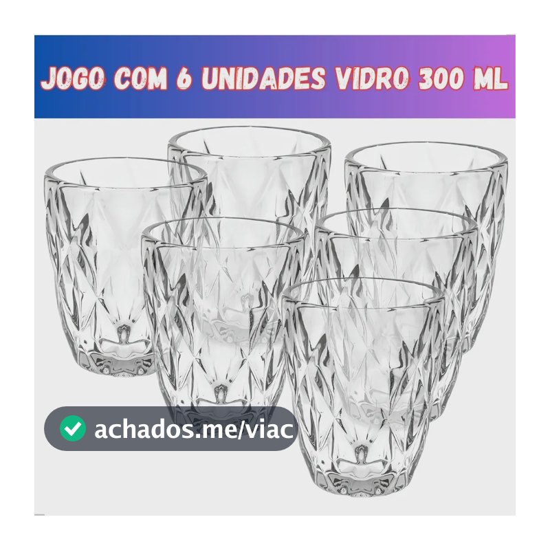 Jogo 6 Copos Vidro Diamante Grosso Resistente Agua 300ml Branco Ms Variedades