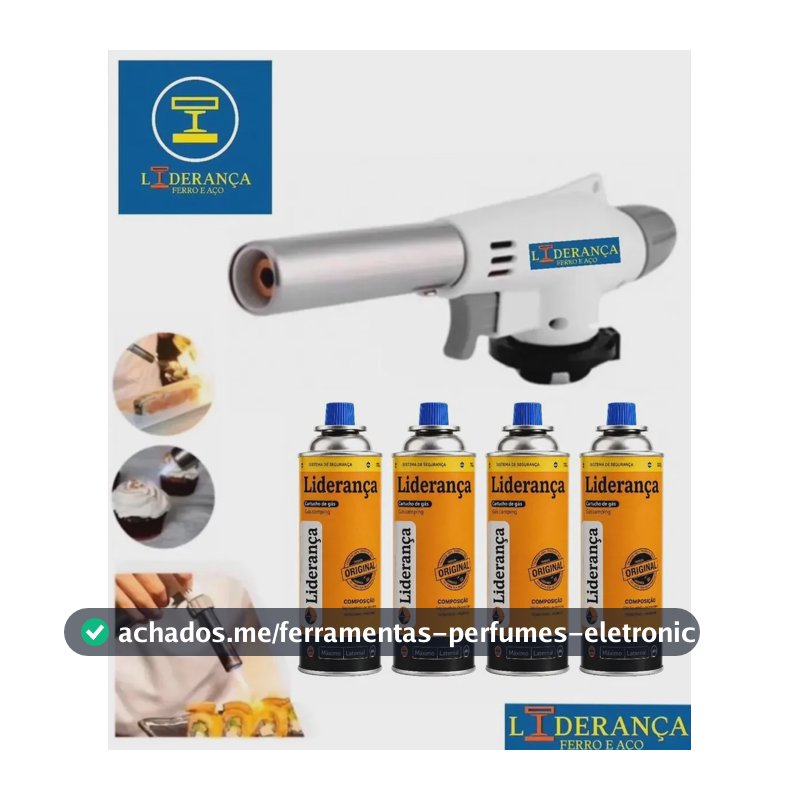 Kit Completo Maçarico Multiuso Culinário Profissional Acendedor Churrasqueira Carvão Lareira + 4 Refil Marca Liderança