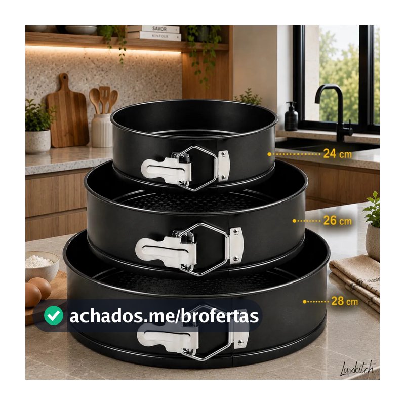 Kit 3 Formas Para Bolo Torta Com Fundo Removível Antiaderente Aço Carbono Redonda Preto Luxkitch