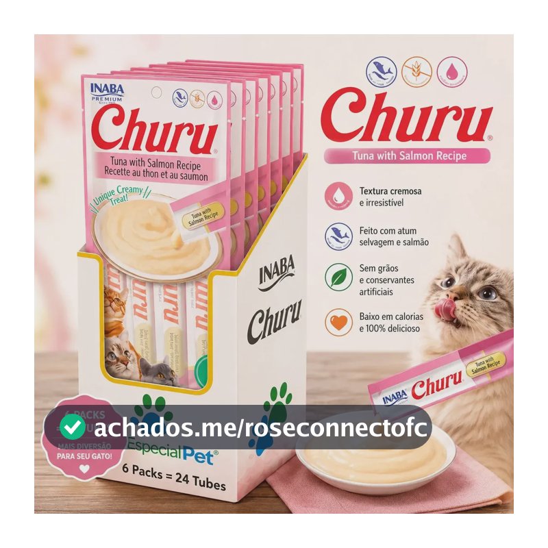 Churu para Gatos: Petisco Úmido de Atum e Salmão em Kit c/ 6 Pacotes (24 Sachês) - Especial Pet